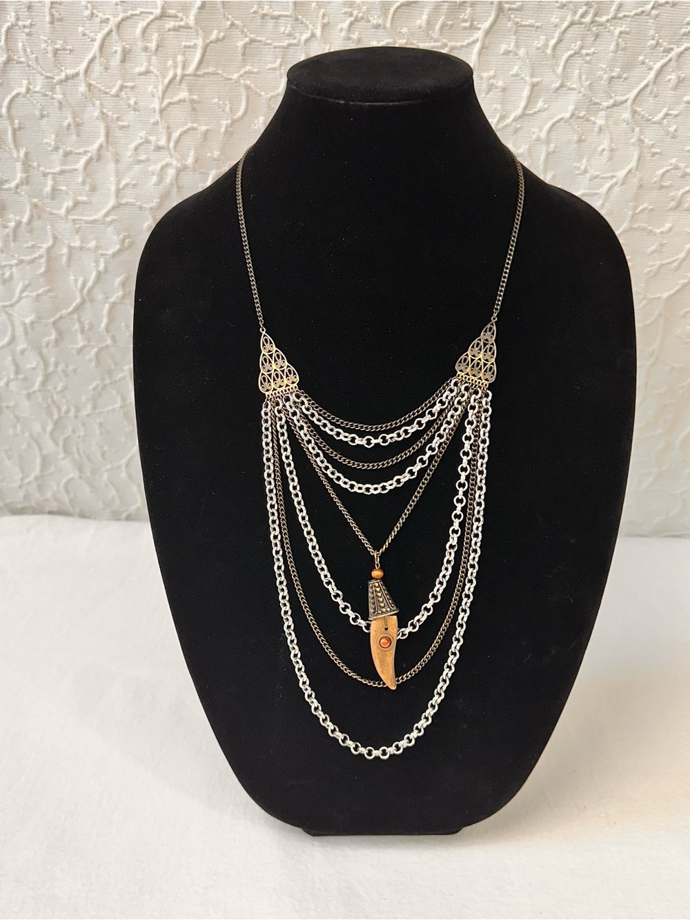 Layered Silver and Gold Tone Multi-Chain Necklace with Amber Pendant